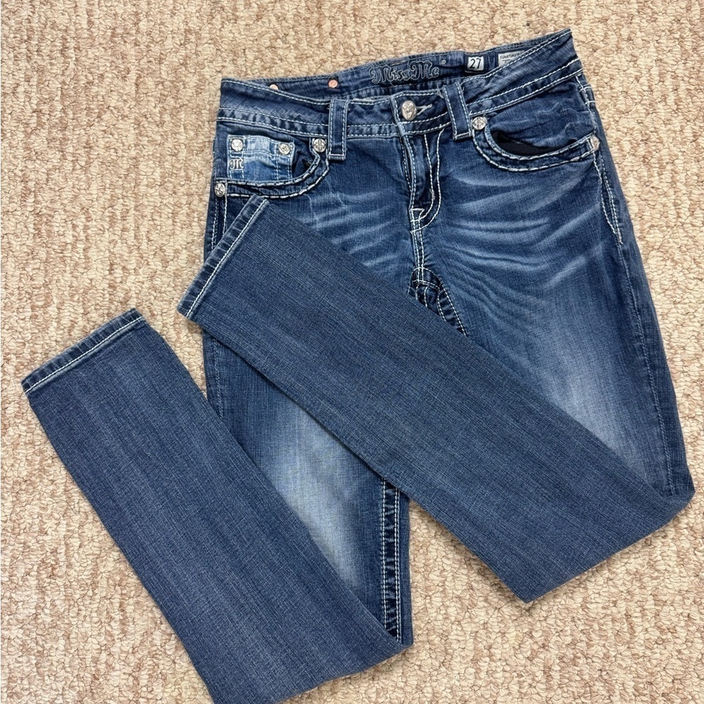 Miss Me Standard Skinny Jeans Size 27 Blue Side Stitches Rhinestone Pockets.